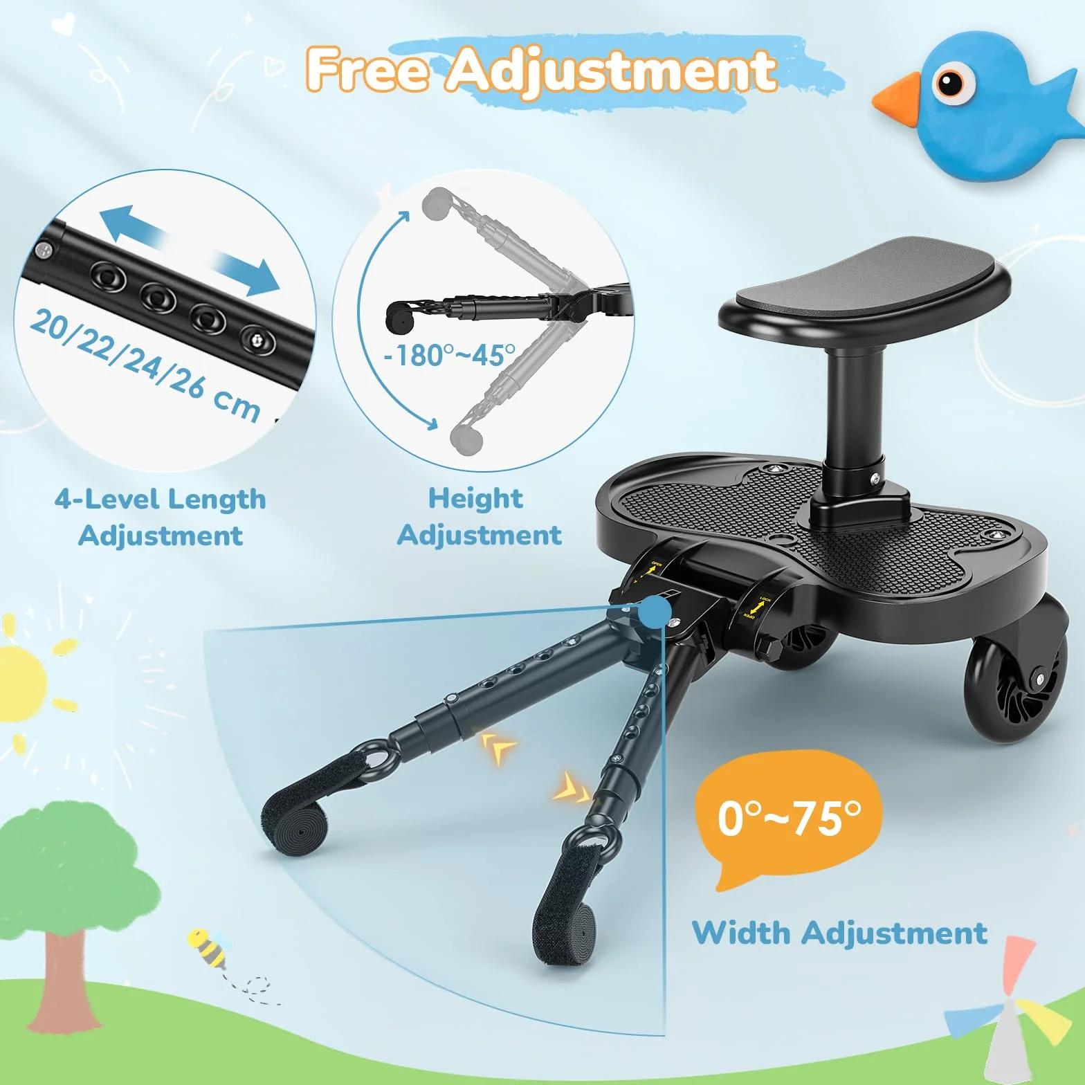 pedana passeggino universale Con Sedile, Portatili Seggiolino Passeggino Secondo Bambino, Compatibile con il 99% Delle Carrozzine, per Bambini Da 2 A 6 Anni Portata 25 kg