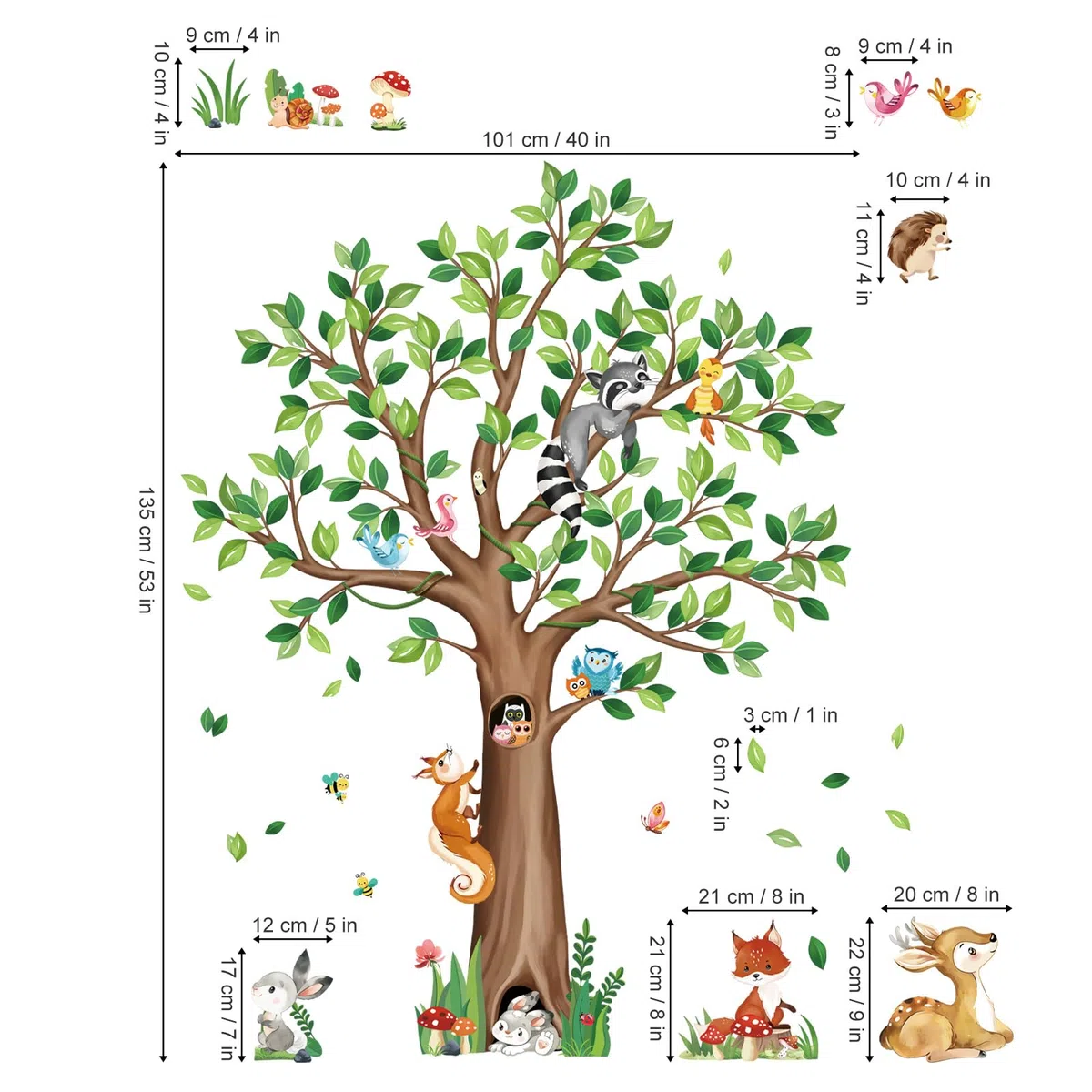 decalmile Adesivi Murali Albero Grande Animali del Bosco Adesivi da Parete Scoiattolo Volpe Cervo Decorazione Murale Camerette Bambini Asilo Nido Camera da Letto
