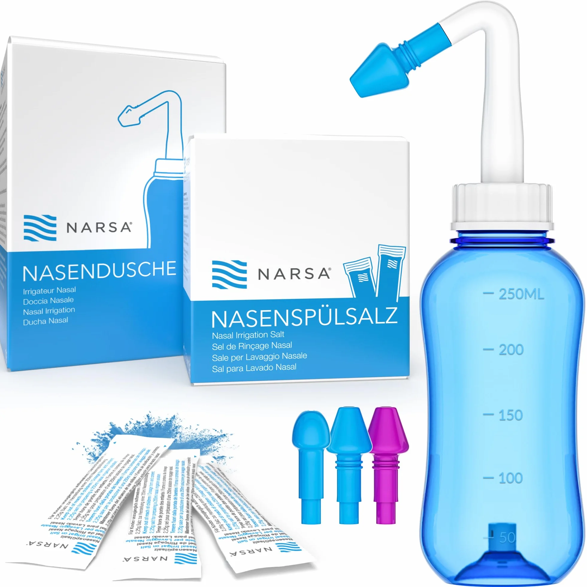 NARSA Doccia Nasale con 30 x Sale ∙ Lavaggio Nasale Adulti e Bambini ∙ Vasetto da Pulizia Nasale Premium
