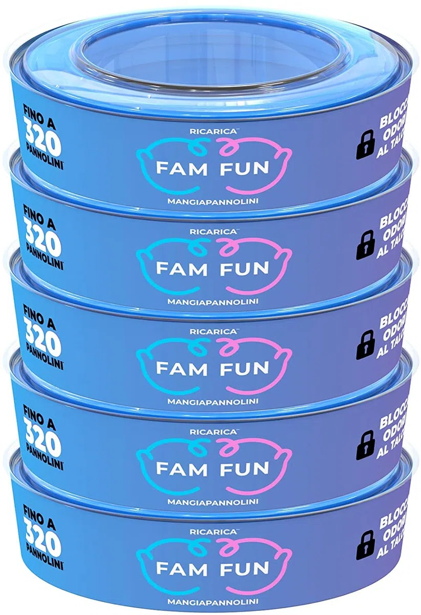 Fam Fun - 5 Ricariche Profumate Compatibili con Mangiapannolini Maialino Foppapedretti Angelcare - Extra Lunghe Contengono più di 1600 Pannolini (Durata Stimata 6 Mesi)
