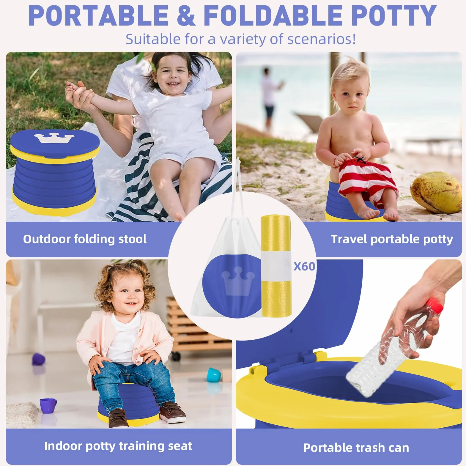 WC Portatile Bambini Vasino da Viaggio Water Gabinetto Vasetto Pieghevole Bagno Bimbo Bambino Sedile Neonati Potty Training Allenamento con 60 Borse Usa e Getta Per Campeggio Interni ed Esterni(Blu)