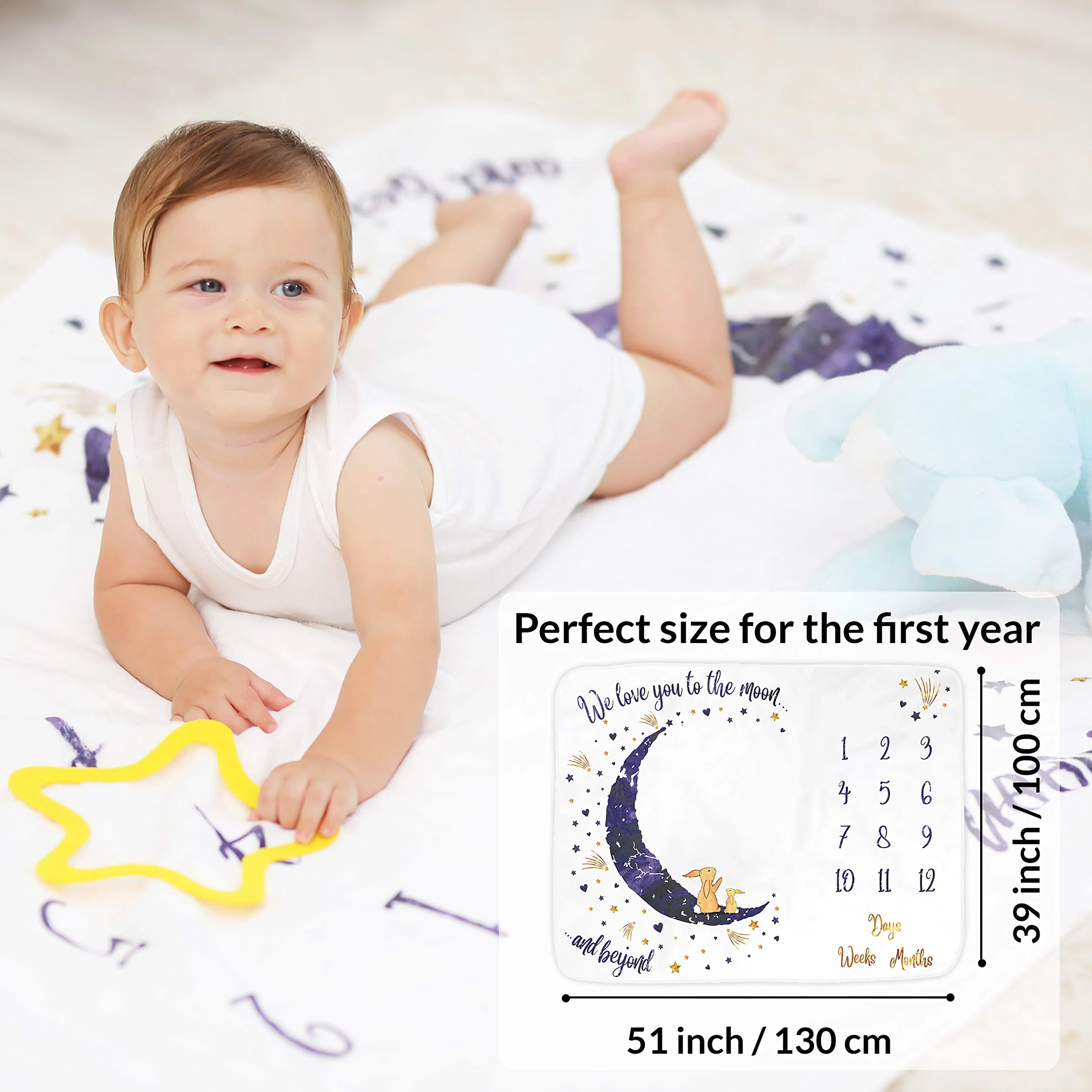 ODOXIA Coperta Mesi Neonato Maschio O Femmina, Unisex | Coperta Mesi Bambino Con Immagini | Regalo Personalizzato Per Neomamme | Traccia La Crescita E L’età | Morbida, Spessa, Grande