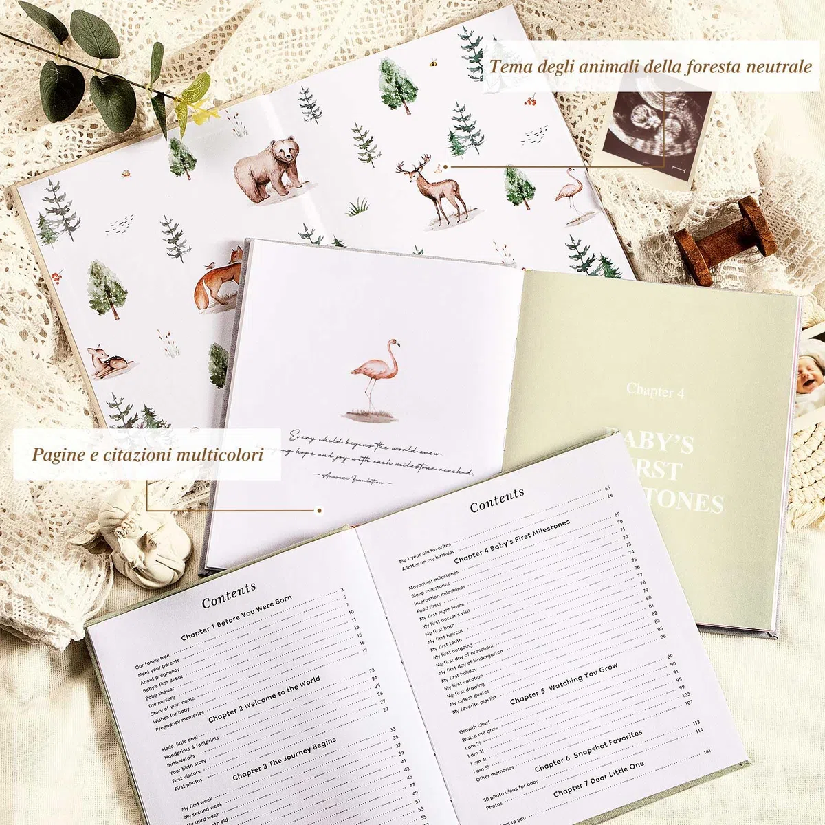 Lanpn Album Nascita Bambino e Bambina, Libro dei Ricordi Neonato per Primo Anno a 5 Anni, Albums Fotografico Neonato per Incollare Foto e Scritte, Diario Regalo Bimbo (Beige, 154 Pagine, Inglese)