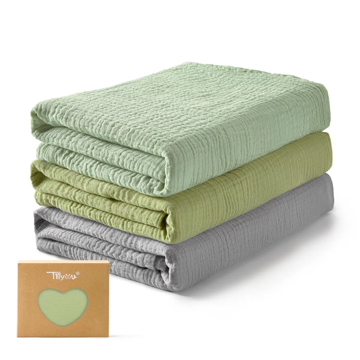 TILLYOU Set di 3 panni in mussola per bambini, 75 x 100 cm, coperta in mussola per bambini, 100% cotone, colore: grigio verde