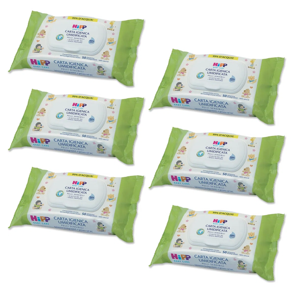 HiPP - Baby - Carta Igienica Umidificata per Neonati, Pelli Normali e Sensibili, 6 Confezioni da 50 Salviettine