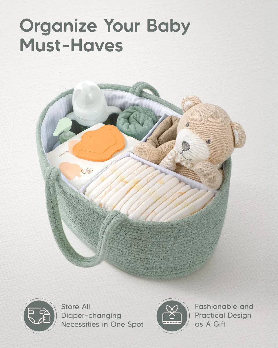 Maliton Cestino Porta Pannolini | Cesto Prodotti Neonato | Organizer Fasciatoio | Porta Oggetti Nascita | Verde-L