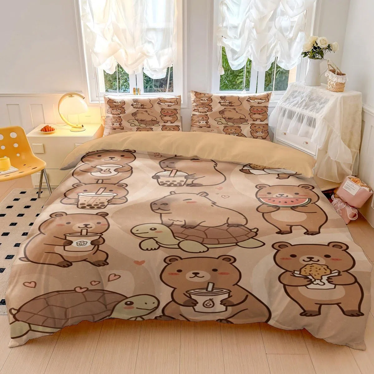 Copripiumino con motivo capibara con stampa di corone e nuvole, in morbida microfibra, per bambini, ragazze e ragazzi, decorazione per camera da letto a tema capibara divertente (stile 1, singolo, 135