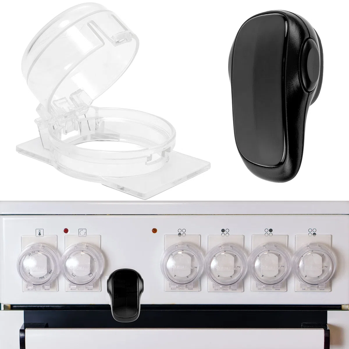 Copri Manopola per Fornello e Blocco Sicurezza Forno, Set di 7, Protezione per Manopole del Piano Cottura, Blocco di Protezione per Fornelli, max. Ø 49 mm manopola, min. 61 mm distanza centro a centro