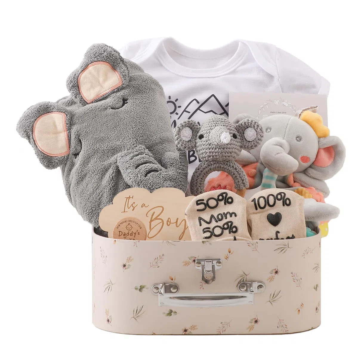 Baby Gift Set da Regalo neonato la nascita Baby Party Asciugamano da bagno Milestone Baby Coperta Romper Calzini Bambino Legno Crocheted Griffin Rattle Toy Foto Requisten (per il ragazzo)