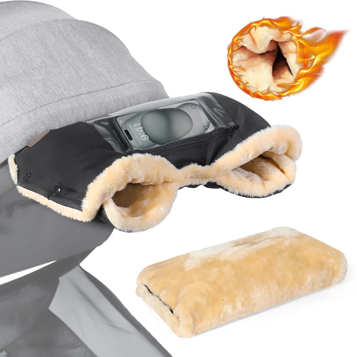 Orzbow Guanti Passeggino Scaldamani, Imitare Pelle Pecora Guanti per Passeggino Inverno con Tasca Trasparente per Cellulare, Tessuto Resistente alle Intemperie, Lavabile Lavatrice, Nero