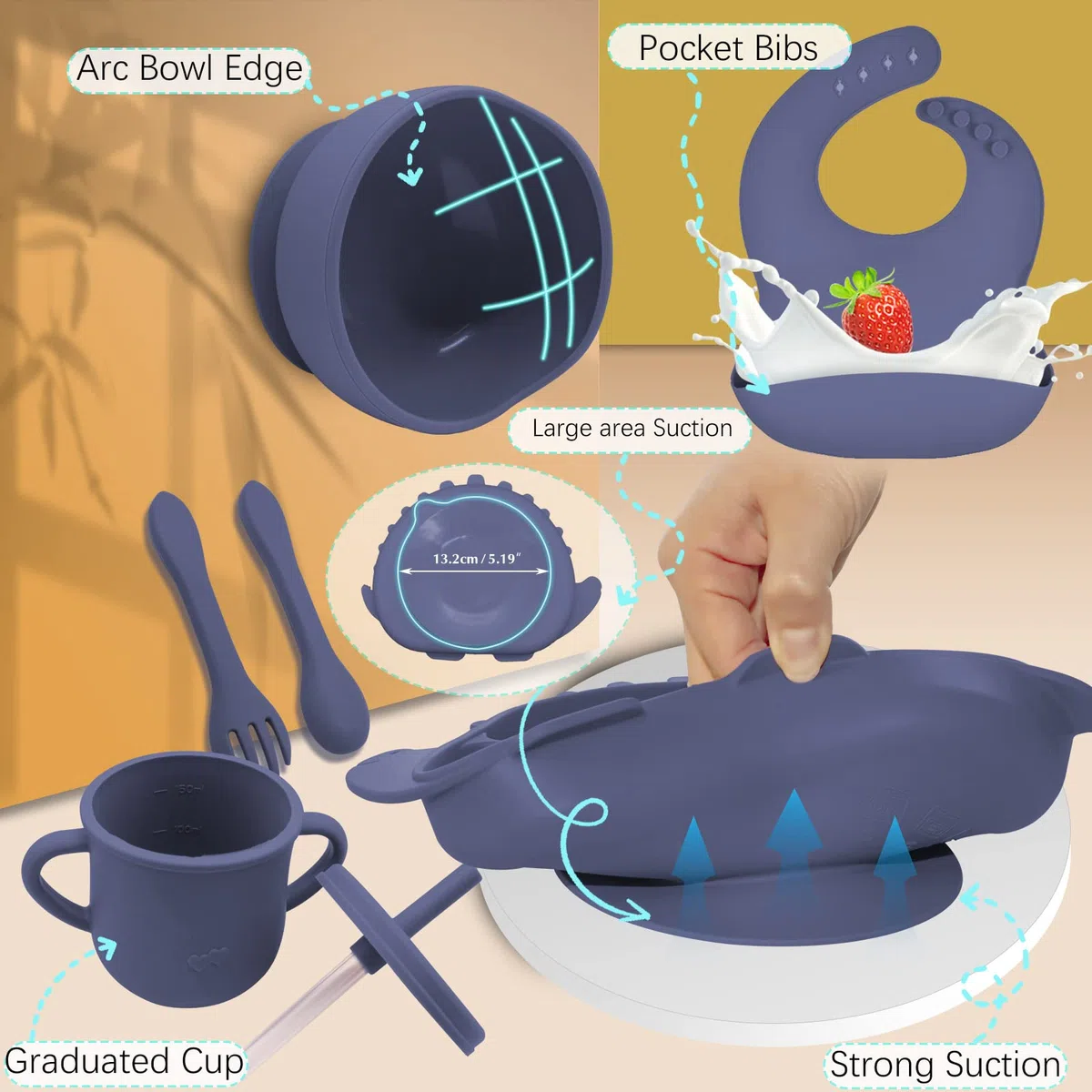 Delven Set Pappa Svezzamento, Silicone Stoviglie 8 Pezzi Piatto con Ventosa Ciotola Bavaglino Posate Svezzamento Tazza Coperchio Kit Pappa Viaggio, Antiscivolo per Neonato Bambini,Blu Dinosauro