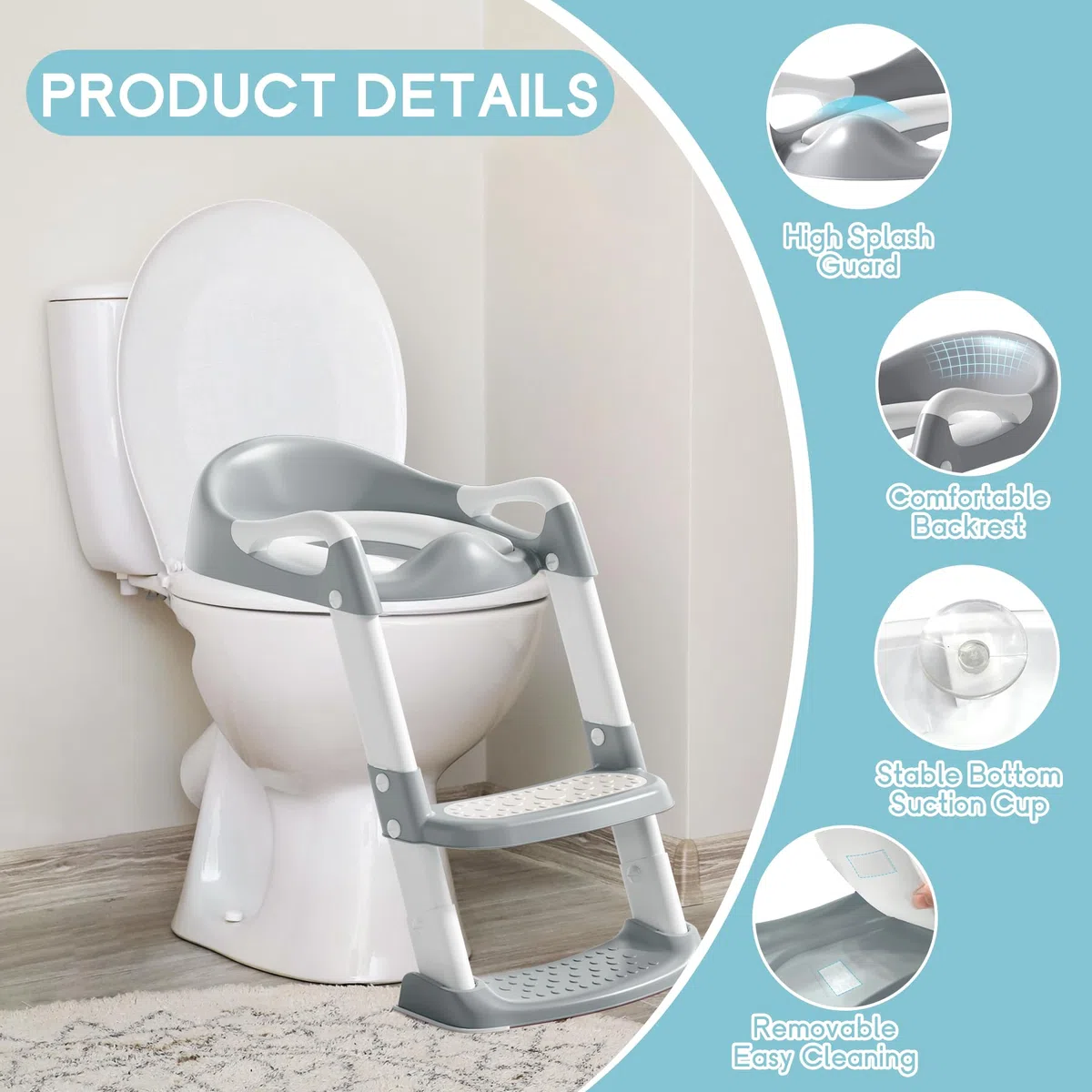 COOSEYA riduttore wc bambini con gradini, sedile per wc bambino Richiudibile Paraspruzzi antiscivolo Imbottitura morbida Maniglie di sicurezza (grigio)