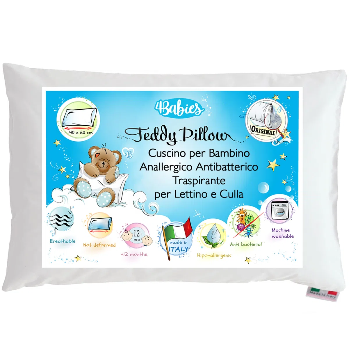 4BABIES - Cuscino Lettino Bambino 40x60, Cuscino per Bambini Traspirante Anallergico con rivestimento in Cotone 100% Italiano, Antiacaro Ipoallergenico per culla