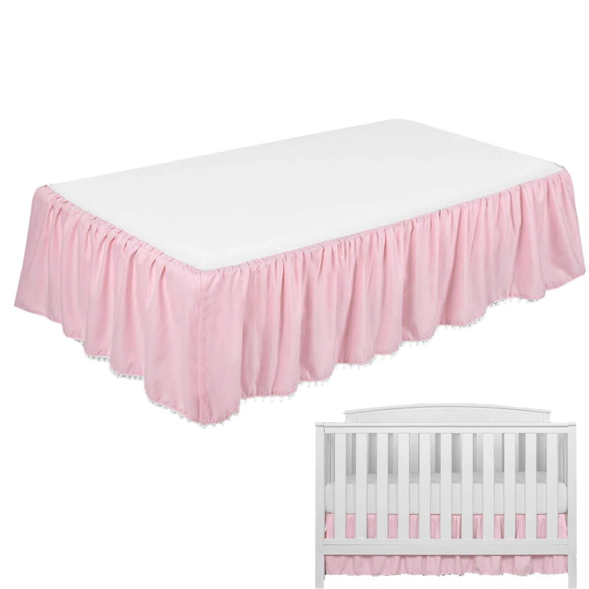 Gonne per Lettino - Gonne per Lettino per Bambini | Gonna arricciata per presepe con Pompon, gonne per Lettino per Bambini in Microfibra per Bambine 28 "X 52"