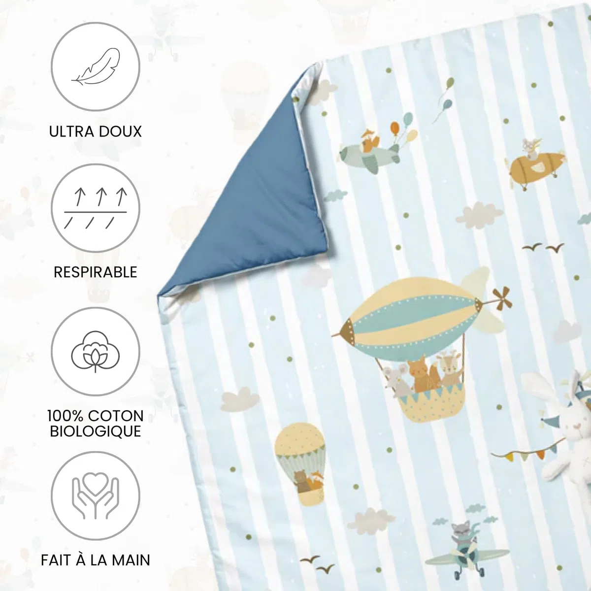 Copripiumino reversibile 100% cotone biologico per culla 60x120 cm, previene le allergie, coperta decorativa per la camera da letto, ultra morbido, collezione Premium, Industry Spagna (Palloncini)