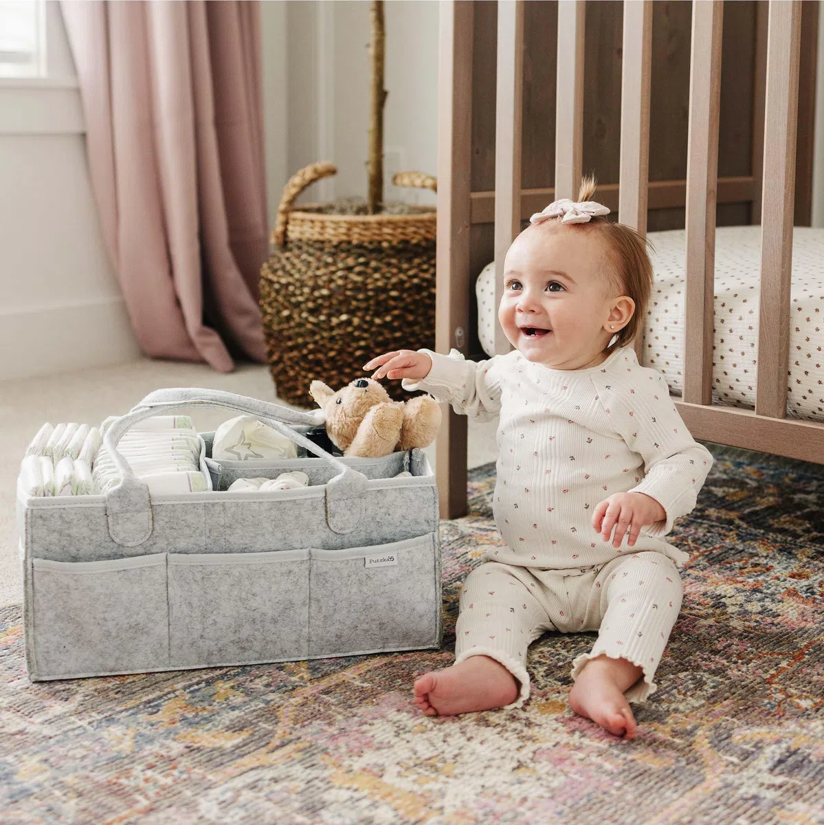 PUTSKA Organizzatore pannolini bebè - Cestino in feltro portatile con scomparti regolabili, borsa fasciatoio pieghevole per passeggino, organizza fasciatoio e cassettiera - Grigio, 100% cotone bio
