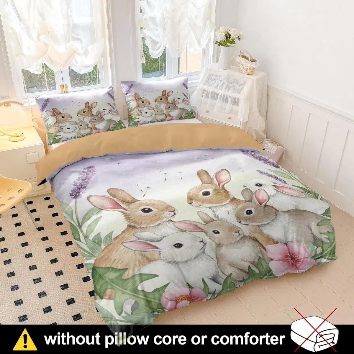 Set di biancheria da letto con copripiumino singolo a forma di coniglietto rosa, acquerello con fiocco, in morbida microfibra, per cameretta dei bambini, decorazione per la cameretta dei bambini (04
