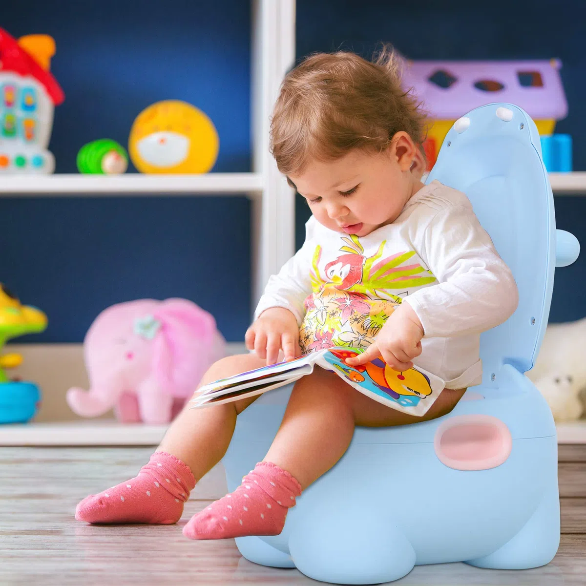 HOMCOM Vasino per Bambini 6 Mesi-48 Mesi Antiscivolo Ippopotamo Blu (40x30x23cm)