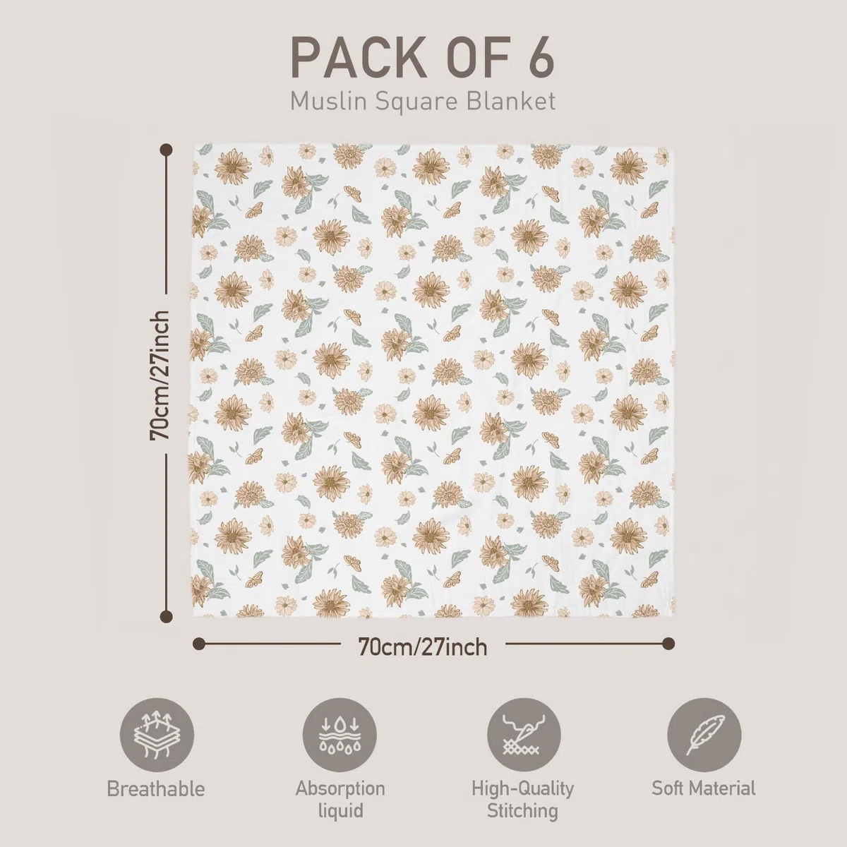 GLLQUEN BABY Salviette in mussola per neonati, 70 cm x 70 cm, confezione da 6 panni in cotone, assorbenti e traspiranti e ideali per pulire, pulire e coprire i neonati (girasole)