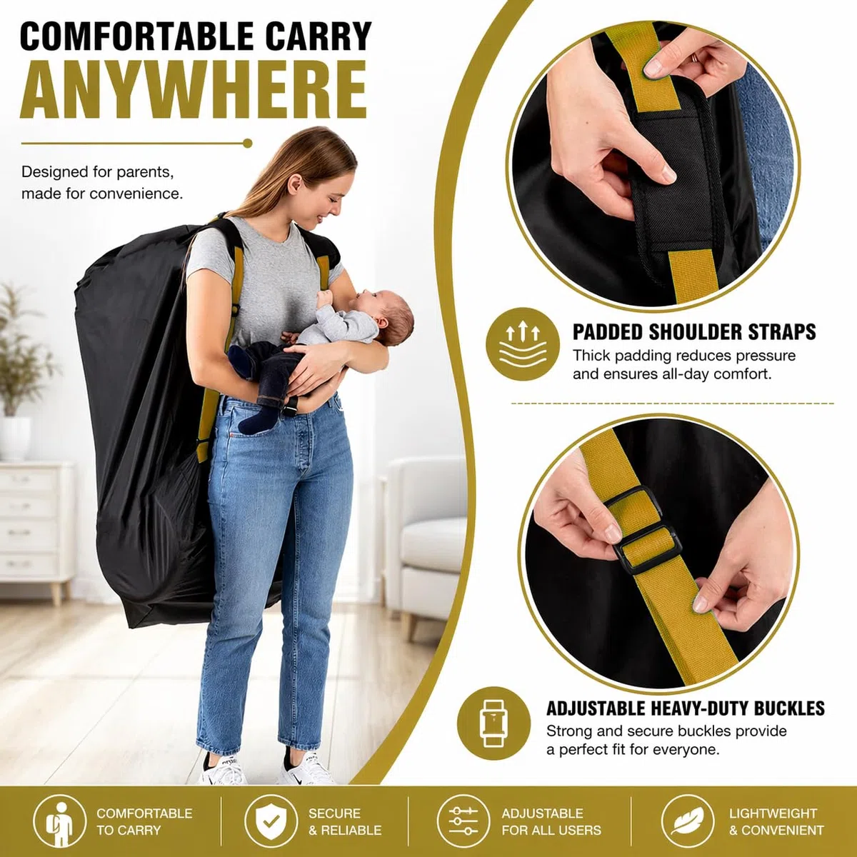Borsa da viaggio extra large per passeggino, nera, ideale per passeggino e carrozzina, impermeabile, arancione