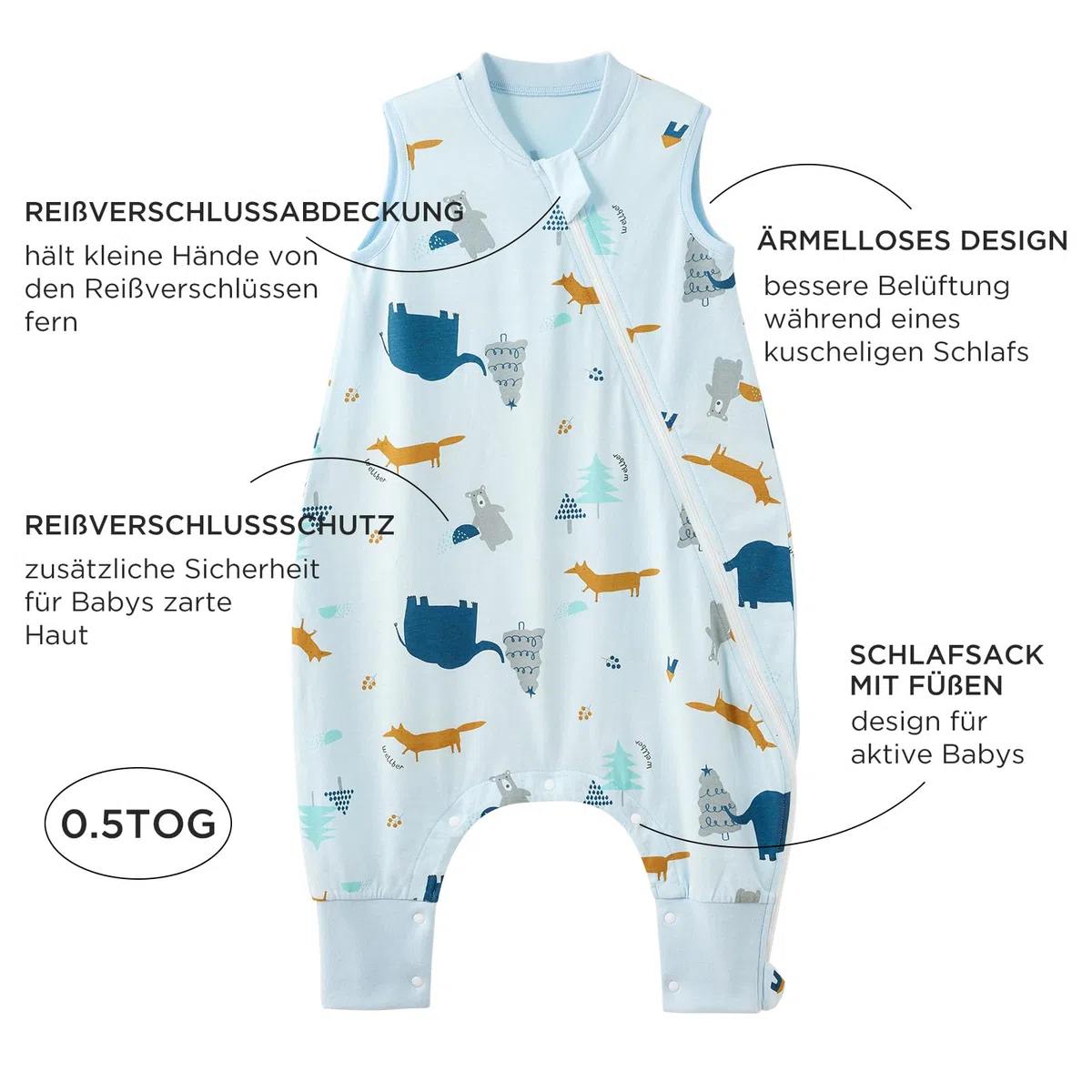Duomiaomiao Sacco nanna estivo con gambe, 0,5 TOG, 100% cotone, coperta indossabile per bambini, 2-3 anni, elefante
