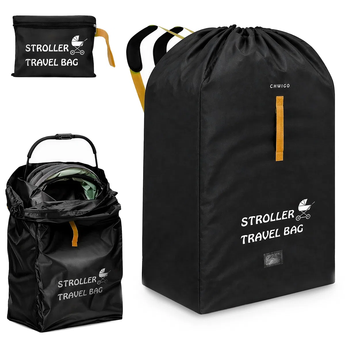 Borsa da viaggio extra large per passeggino, nera, ideale per passeggino e carrozzina, impermeabile, arancione