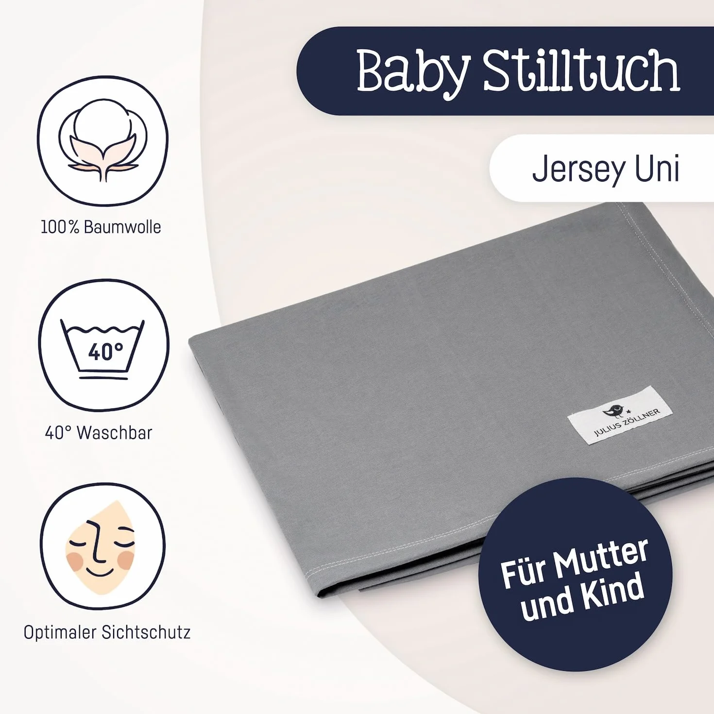 Julius Zöllner Panno da allattamento in 100% jersey di cotone, Oeko-TEX Standard 100, made in Germany, tinta unita Stone