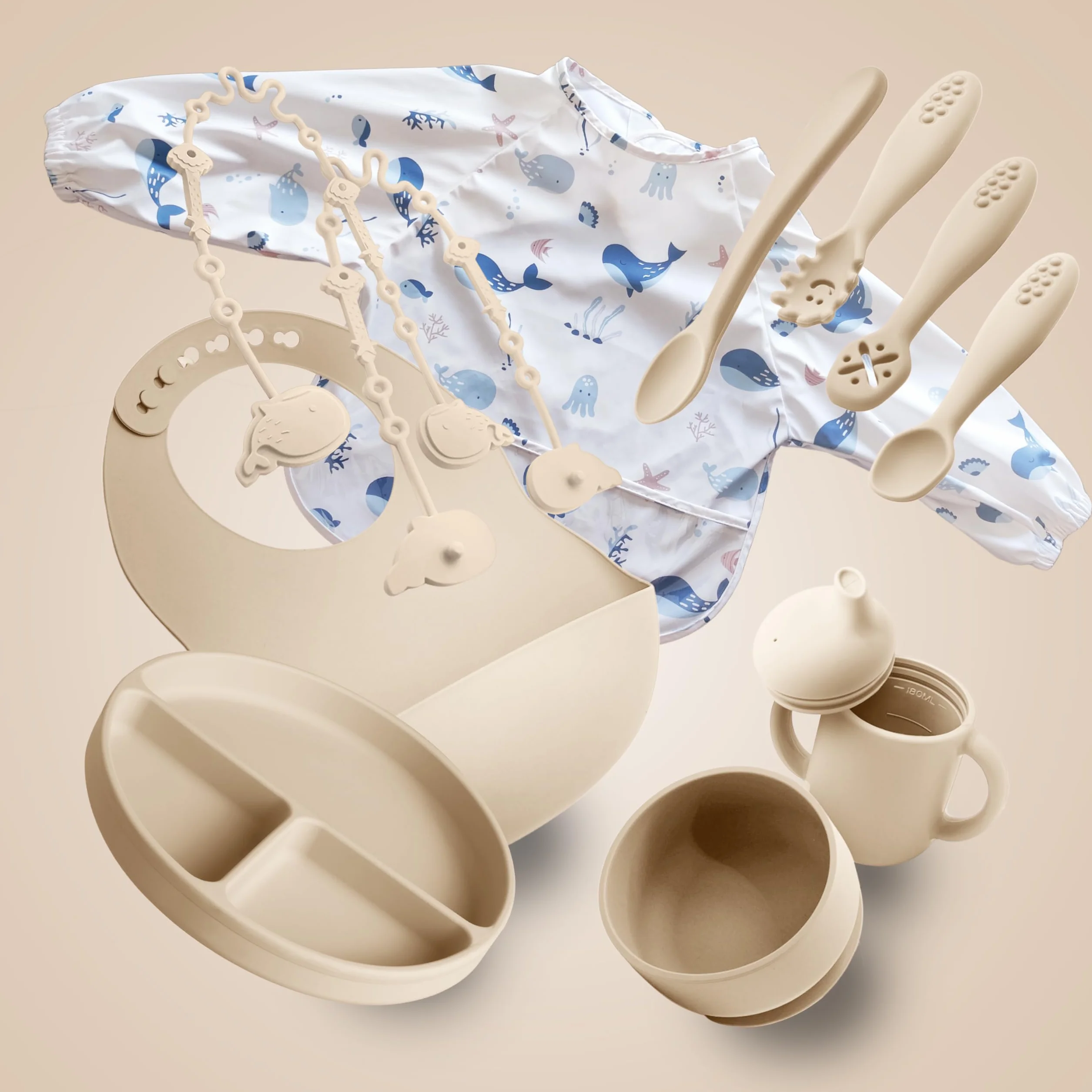 Navik | set pappa svezzamento da 12 pezzi | piatto svezzamento con ventosa per bambini | bicchiere bambino | cucchiaio e ciotola in silicone | beige
