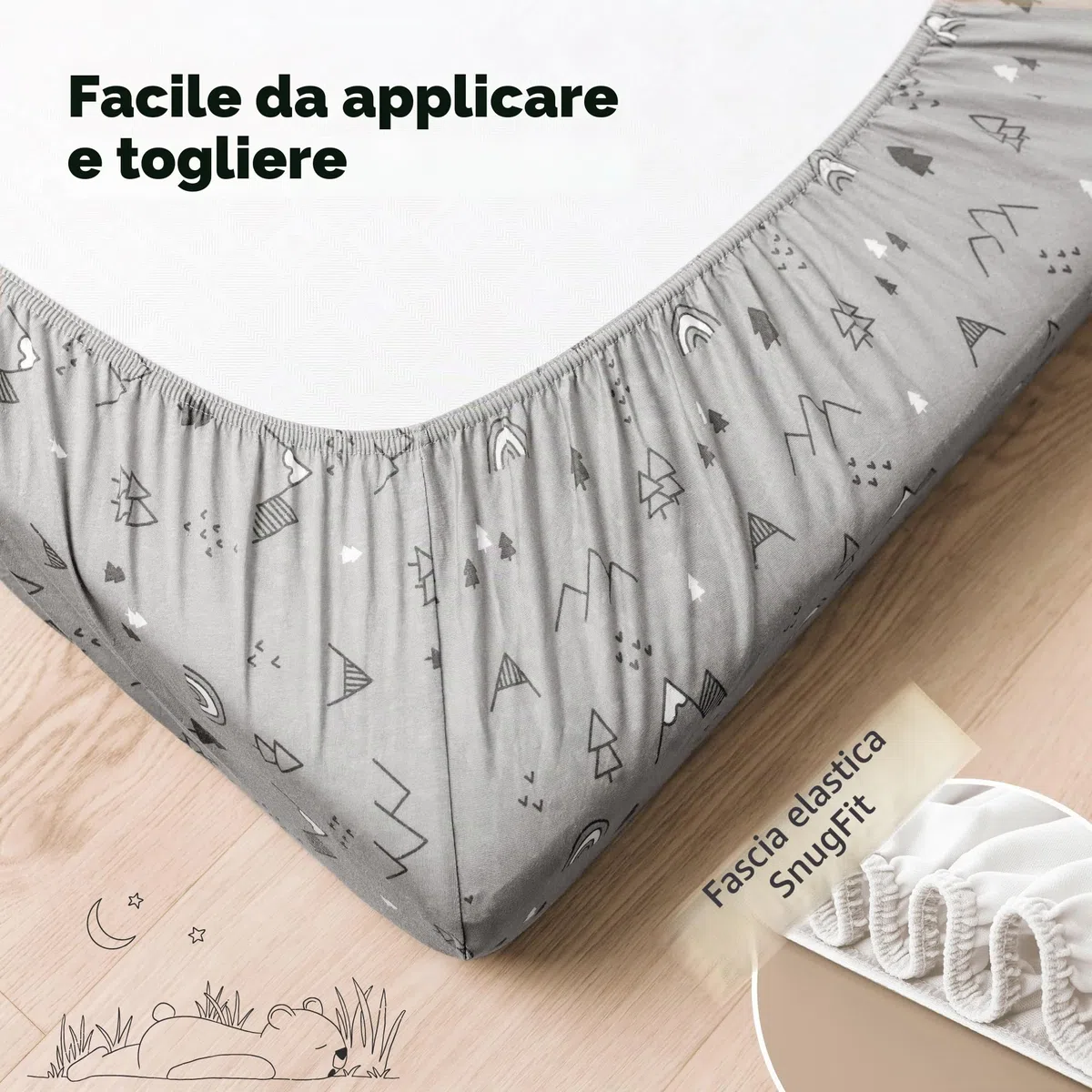 Lenzuolo con angoli per lettino da 70x140 - Set di lenzuola per lettino da bambino, composto da un lenzuolo con angoli e due lenzuolini per lettino, in cotone (Woodland)