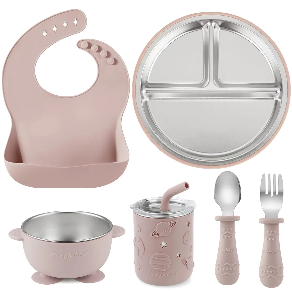 PandaEar Set Pappa 6-in-1 in Acciaio Inox per Bambini | Piatto Diviso con Ventosa, Ciotola, Bicchiere con Cannuccia, Bavaglino, Cucchiaio e Forchetta | Accessori per l'Autosvezzamento Senza BPA (Rosa)