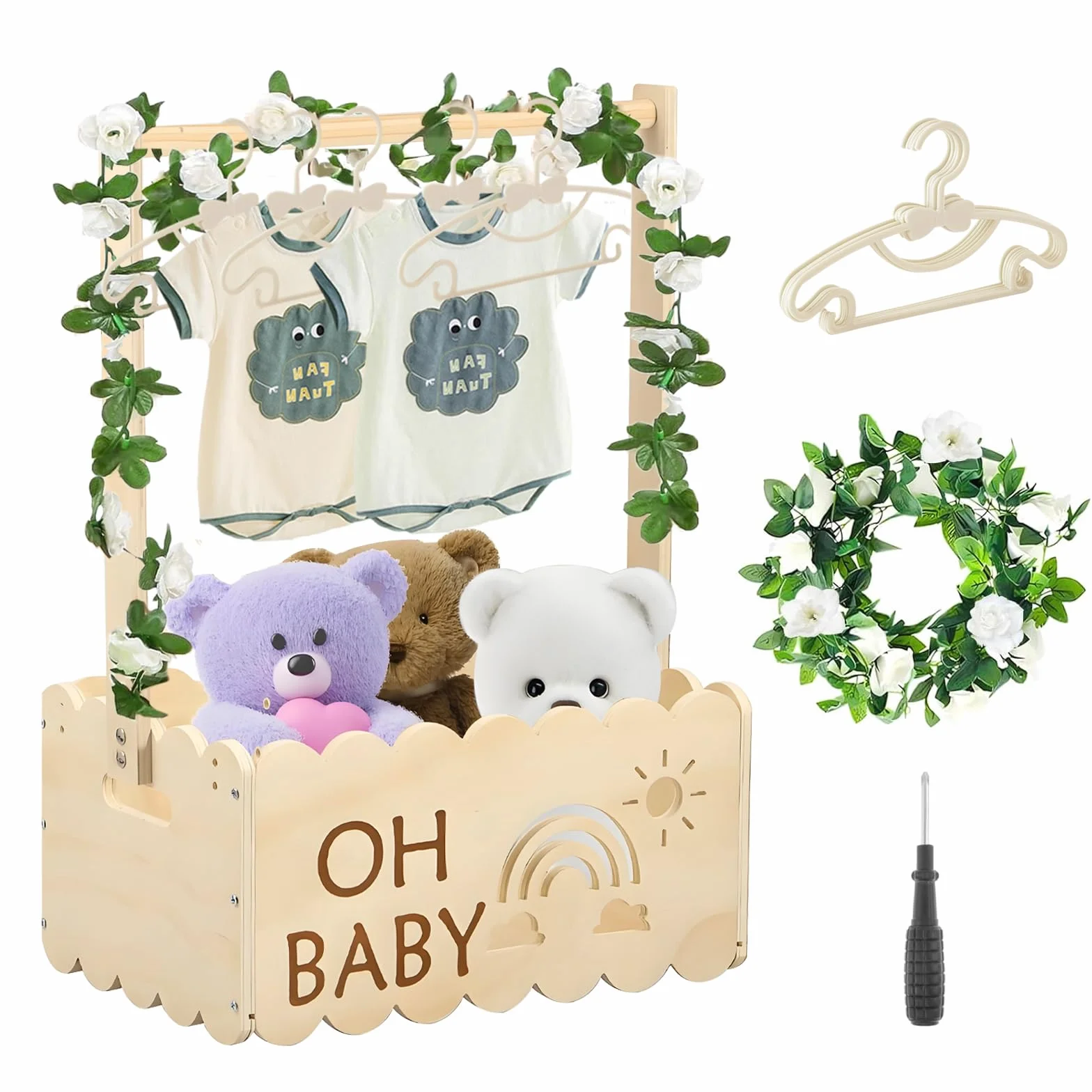 Cestino Per Neonati In Legno, Scatola Di Legno Per Baby Shower Mobiletto In Legno Per Baby Shower Cesto Per Neonato Con Rosa E 5 Grucce Regalo Personalizzato Per Neonato Per Baby Shower