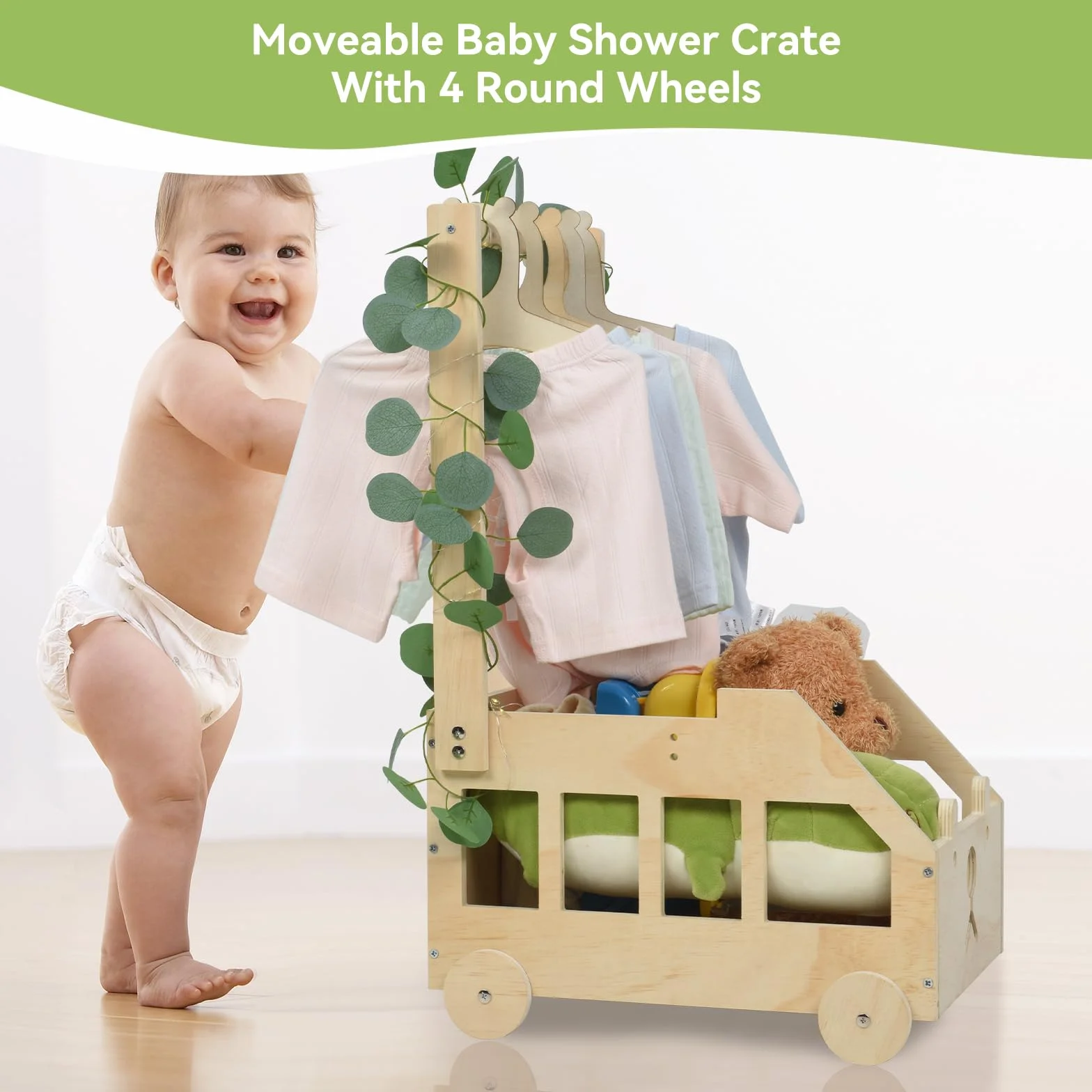 OTraki Baby Shower Boxes In Legno, Cesto Giochi Bambini con Manico Cestino in Legno per Baby Shower con Foglie Decorative, 5 Grucce Regalo Personalizzato Per Neonato Per Shower
