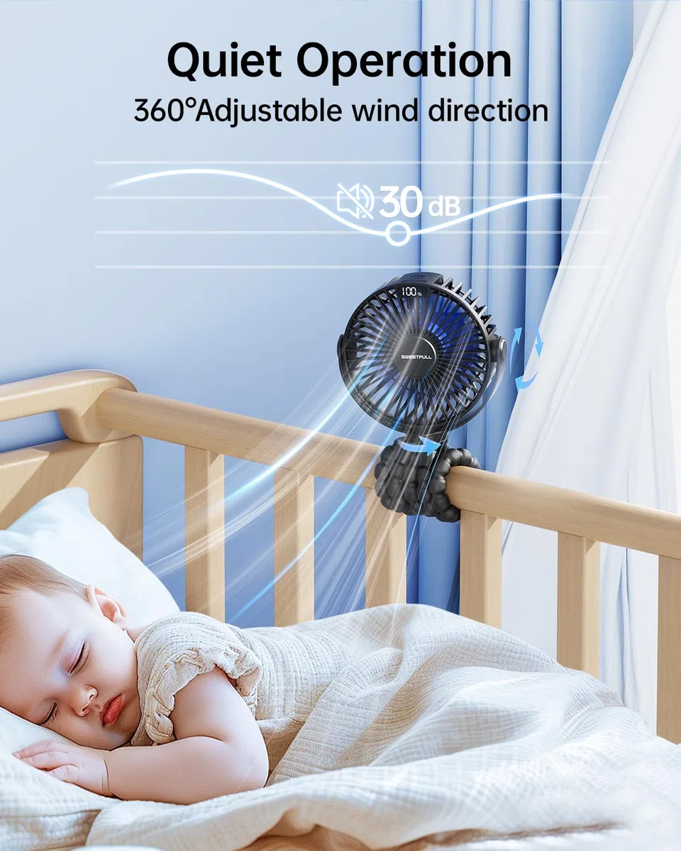 SWEETFULL Ventilatore per carrozzina, ventilatore per passeggino, 6000 mAh, portatile, per auto, mini ventilatore USB da scrivania, con treppiede flessibile, per culla, tapis roulant, bici da viaggio