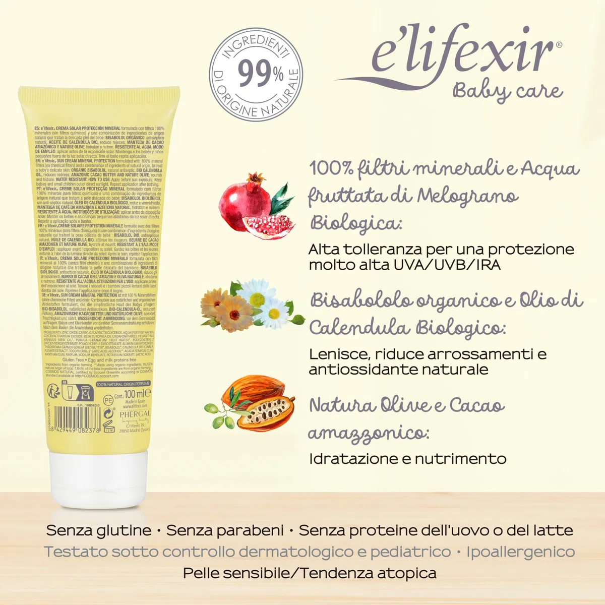 Elifexir Baby Care - Crema Solare Minerale Bambini e Neonati | Protettore Solare UVA/UVB/IR-A SPF 50+ | Filtri 100% Minerali | 99% Ingredienti Naturali | Resistente all'Acqua | Viso e Corpo | 100 ml