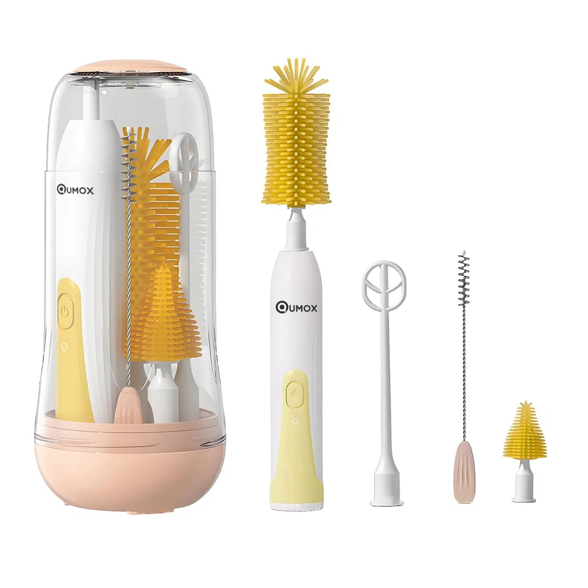 QUMOX Set di spazzole per biberon elettrico, kit di pulizia ricaricabile da 6 in 1 con custodia di conservazione-detergente per bottiglie di ricarica USB portatile con più teste di spazzole (giallo)