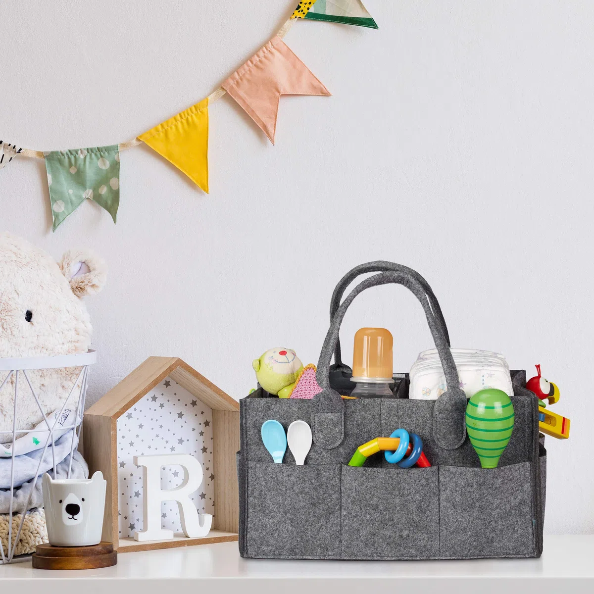 Relaxdays Contenitore Portapannolini, Borsa con 11 Scomparti, Divisori Estraibili, Organizer Portatile, Grigio Scuro