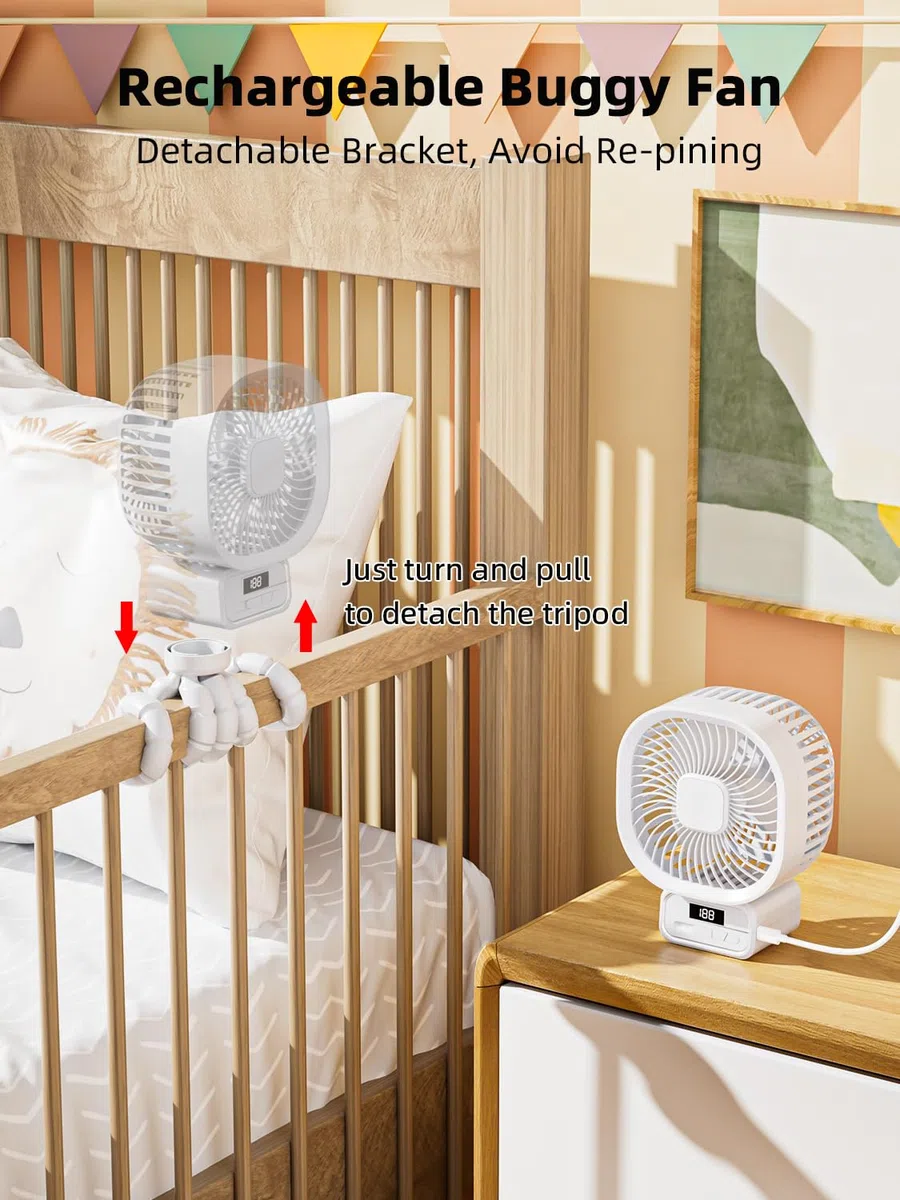 Ventilatore Portatile per Passeggino con 10000mAh, USB Ricaricabile Ventilatore da Tavolo con 3 Velocità, 270° Rotazione Ventilatore Silenzioso con Supporto Staccabile per Passeggino, Culle,Bianco