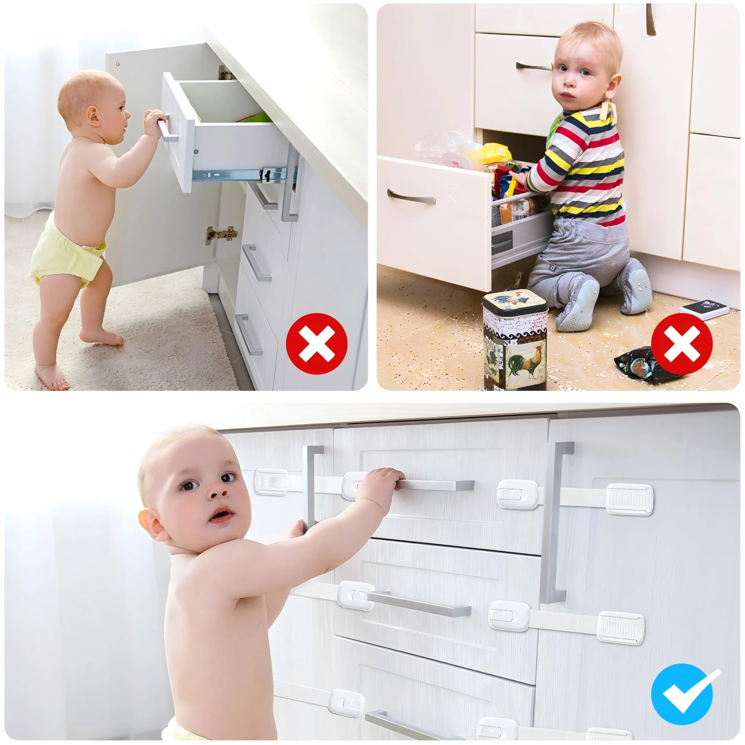 10 pezzi Bambino Chiusure di Sicurezza, Regolabile Bambino Serrature di Sicurezza con Adesivo 3M, Bambini Blocco di Sicurezza per Armadi, Cassetti, Frigorifero (Bianco)