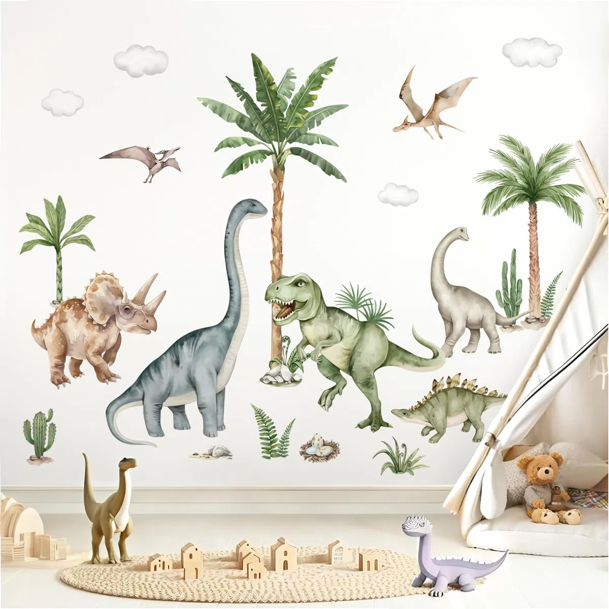 wondever Adesivi Murali Dinosauri Bambini Grande Sticker da Muro Animali Dinosauro Palma Albero Adesivi da Parete per Camerette Ragazzi Asilo Nido (164 * 83cm)