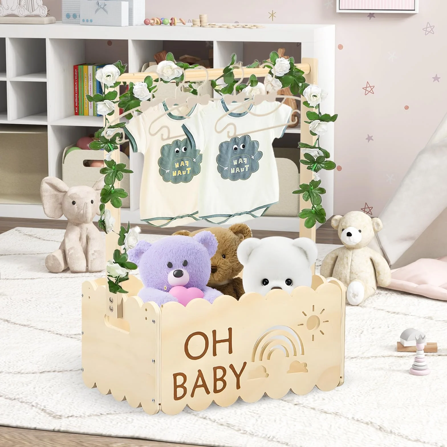 Cestino Per Neonati In Legno, Scatola Di Legno Per Baby Shower Mobiletto In Legno Per Baby Shower Cesto Per Neonato Con Rosa E 5 Grucce Regalo Personalizzato Per Neonato Per Baby Shower