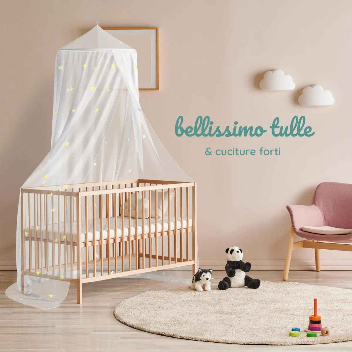 BEARTOP Zanzariera lettino neonato stelle fluorescenti | tulle o cotone | senza forare | con anello stabile | lunghezza dell'orlo ca. 270cm | per culla neonato| Soddisfazione garantita (3 Anni)*