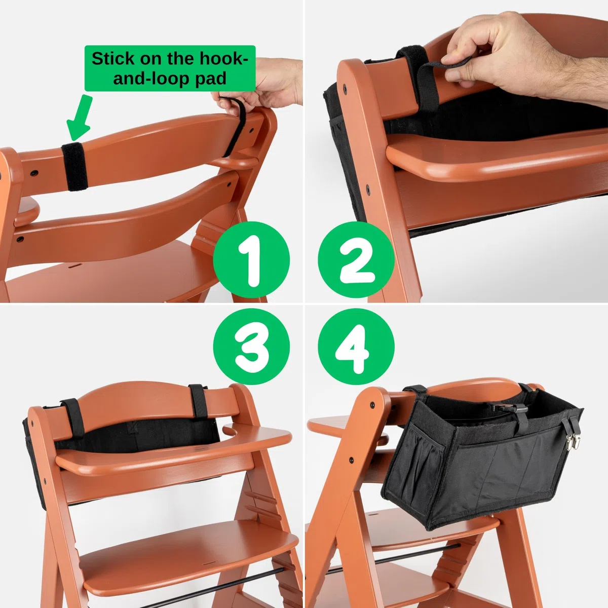 Organizzatore per seggiolone, 1 set, in feltro, nero, adatto a tutte le marche e a tutti i modelli, con tante tasche per organizzare gli oggetti del bambino, borsa appesa per il seggiolone