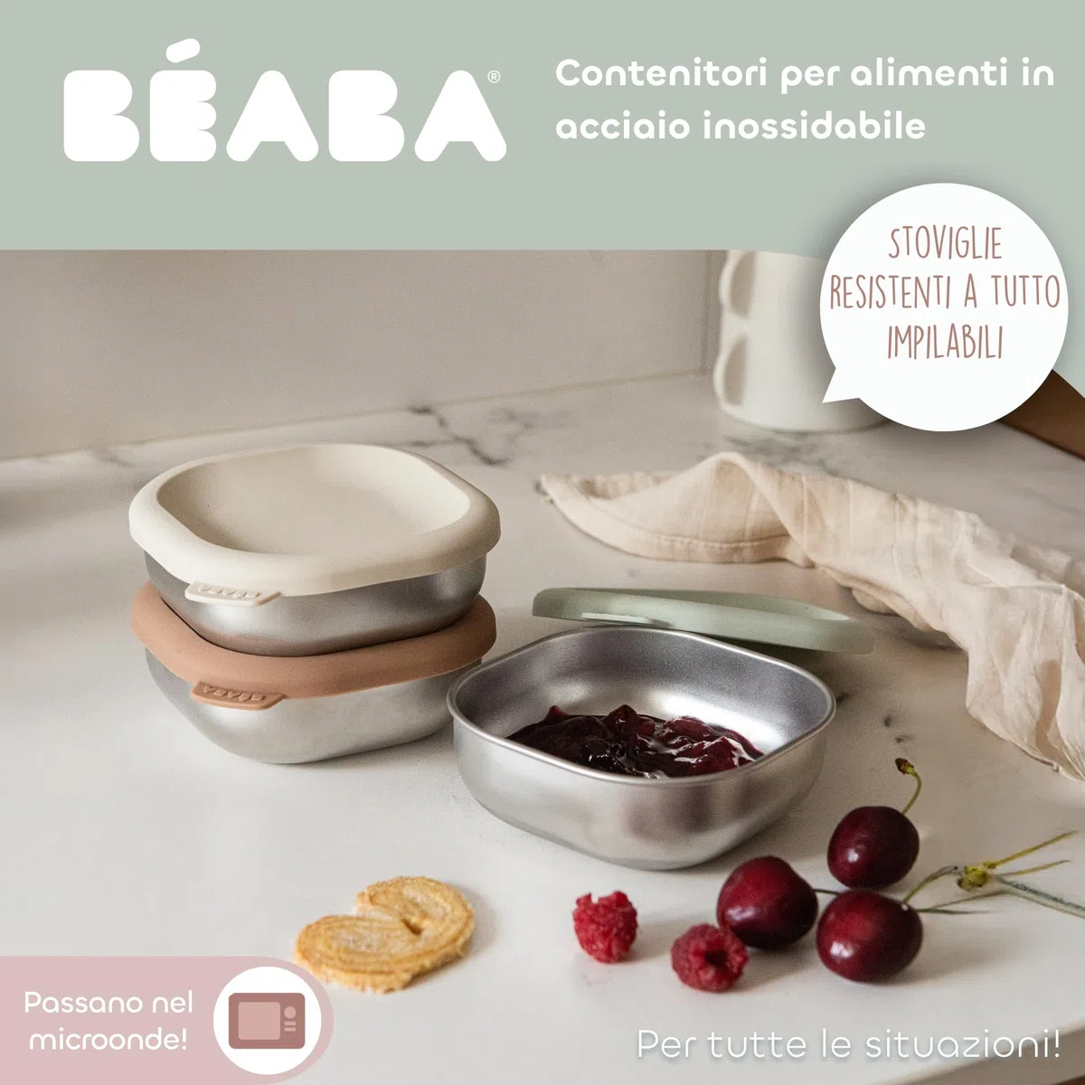 BÉABA Box Pappa Inox – Vasetti Ermetici per Bebè, Purè e Merende, Resistenti e Infrangibili, Senza BPA, Congelatore e Microonde – Natural Set