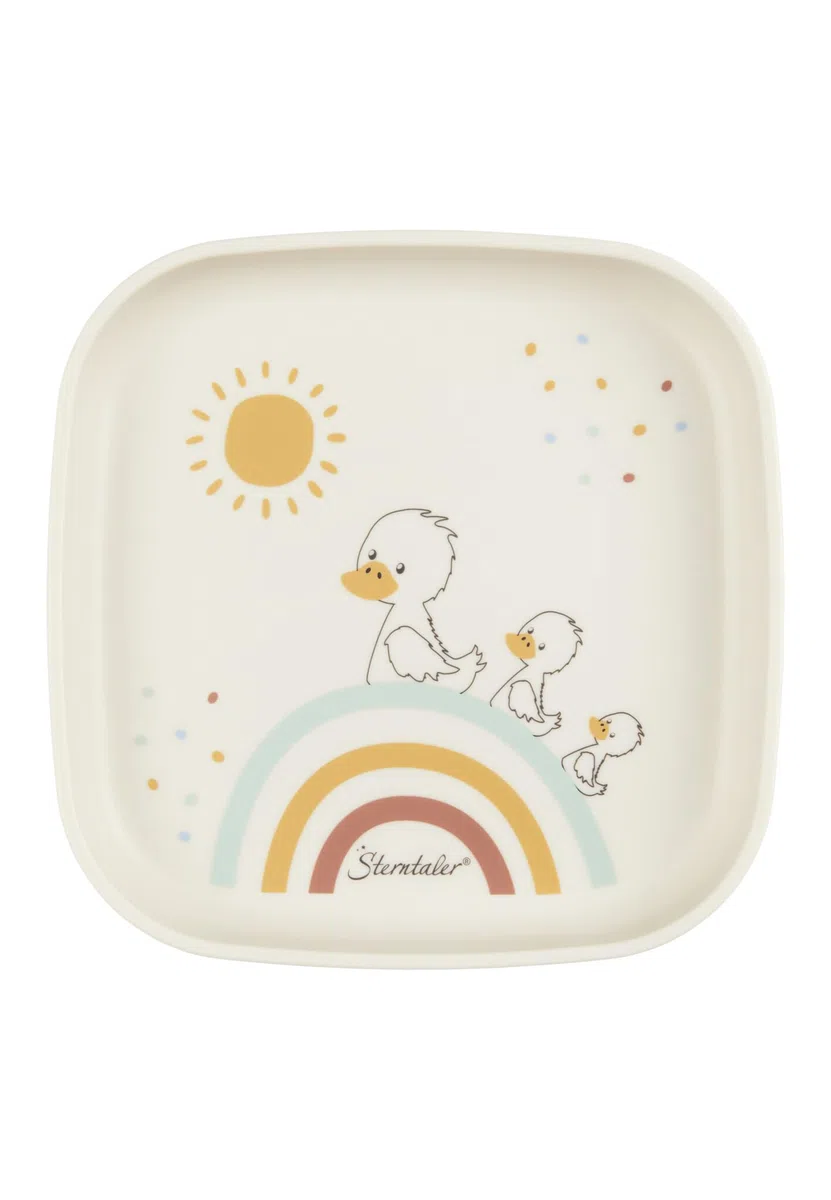 Sterntaler Set di stoviglie con anatra Edda Lou ecru, set da 5 pezzi, per ragazzi e ragazze, composto da bicchiere, piatto quadrato, ciotola di porridge e cucchiaio e forchetta