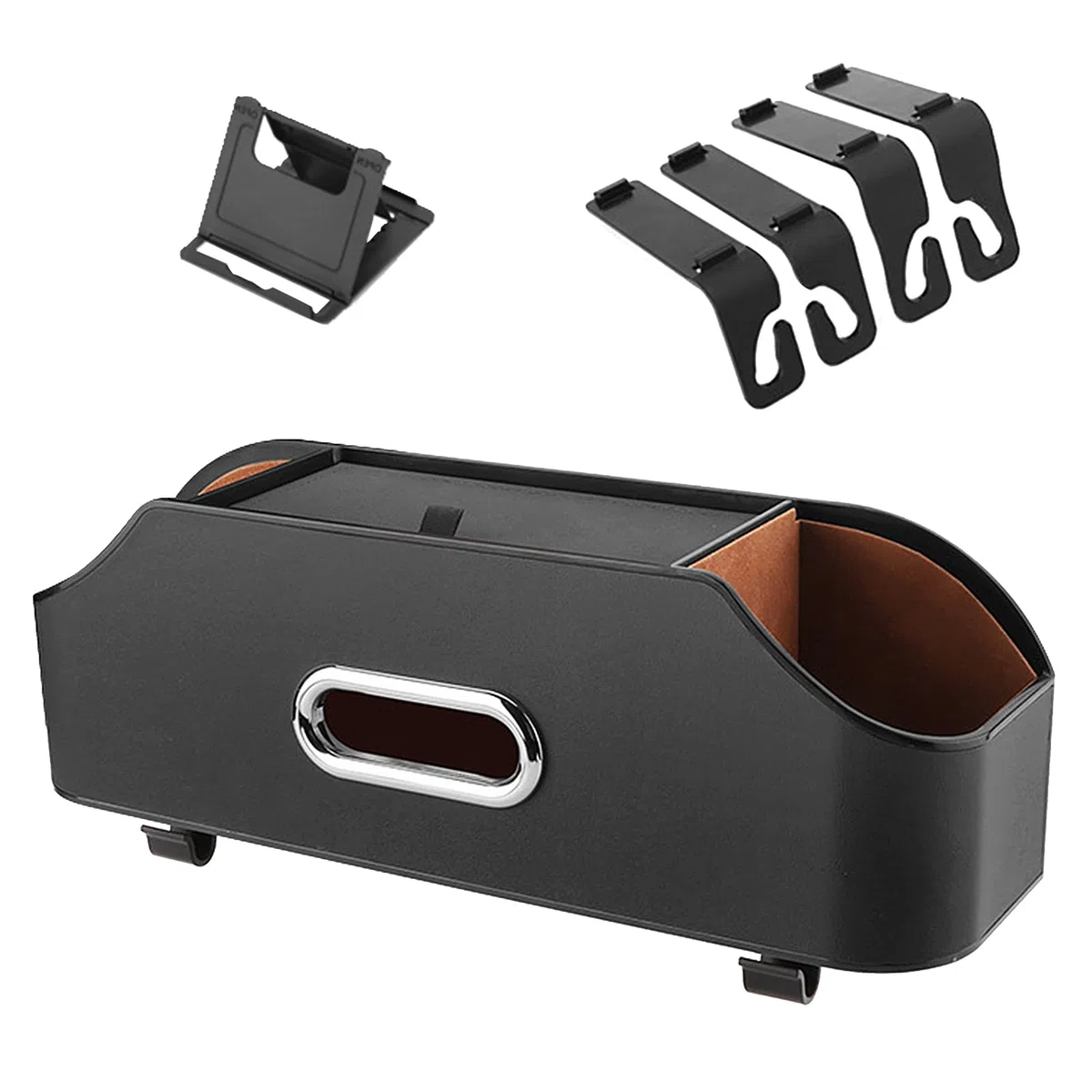 Scatola portaoggetti per sedile auto, contenitore per auto, con scatola in tessuto, porta bicchieri, multifunzione, decorazione interna, organizzatore multifunzione (nero)