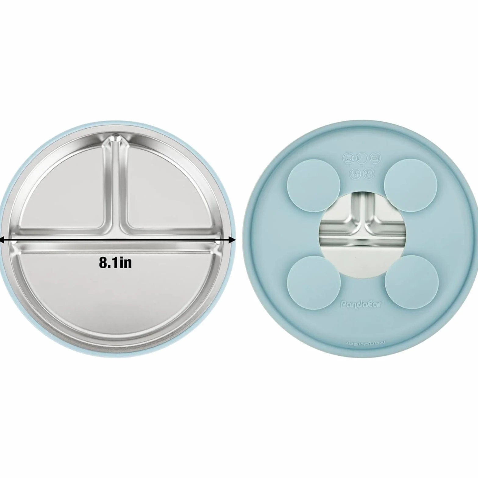 PandaEar Set da 8 Pezzi per l’Alimentazione del Bambino | Piatti e Ciotole con Ventosa in Acciaio Inox con Cucchiaio e Forchetta in Silicone | Set Svezzamento per Bambini e Neonati (Rosa e Blu)