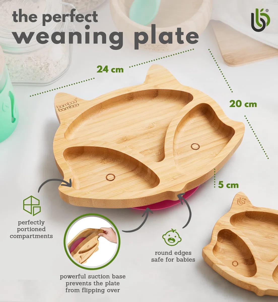 bamboo bamboo Piatto Baby E Bambini Piatto Bambù Volpe Con Suzione Sicura Per Pasti E Svezzamento Antiscivolo Per Neonati Da 6 Mesi (Volpe, Rosa)