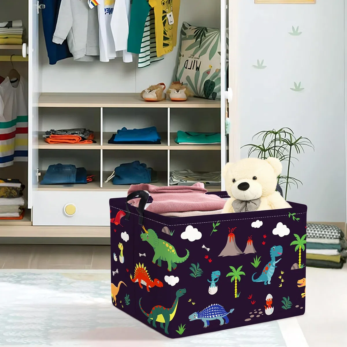 Clastyle Cestino Portaoggetti Dinosauro Triceratopo Albero Vulcano Ceste per la Biancheria Nero Giocattoli Rettangolare per Camera dei Bambini, 40x30x30 cm