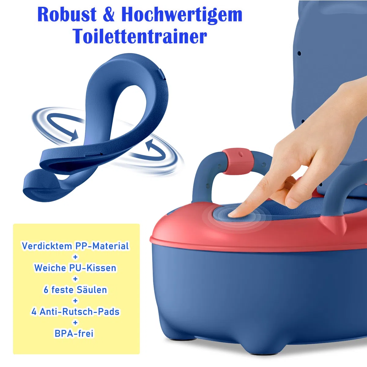 Froadp Vasini per Bambini da 0 a 6 Anni Baby Toilette WC con PU Sedile e Vasino Estensibile Gabinetto Trainer Portatile con Coperchio Rimovibile a Forma di Rana per Neonato (48.5cm, Blu)