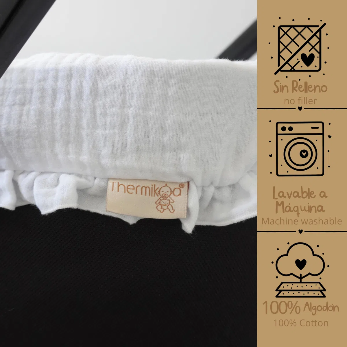 Thermikoa Copertura Universale per Navicella Carrozzina in Mussola con Volant Rivestimento Interno Neonato in Cotone Traspirante, Protezione Elegante per Passeggino, Accessorio Bianco Lavabile
